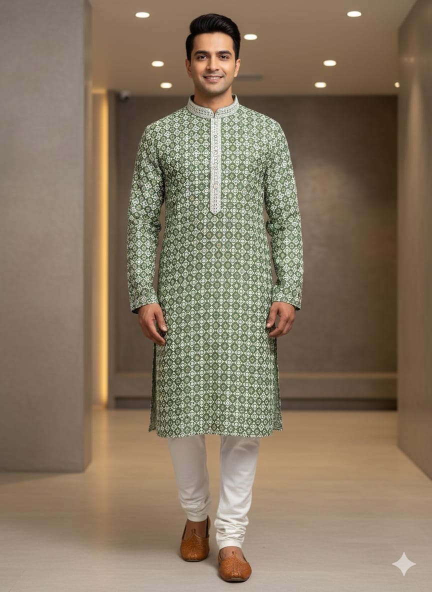 Men’s Chikankari / Sequin Work Kurta Set :Green