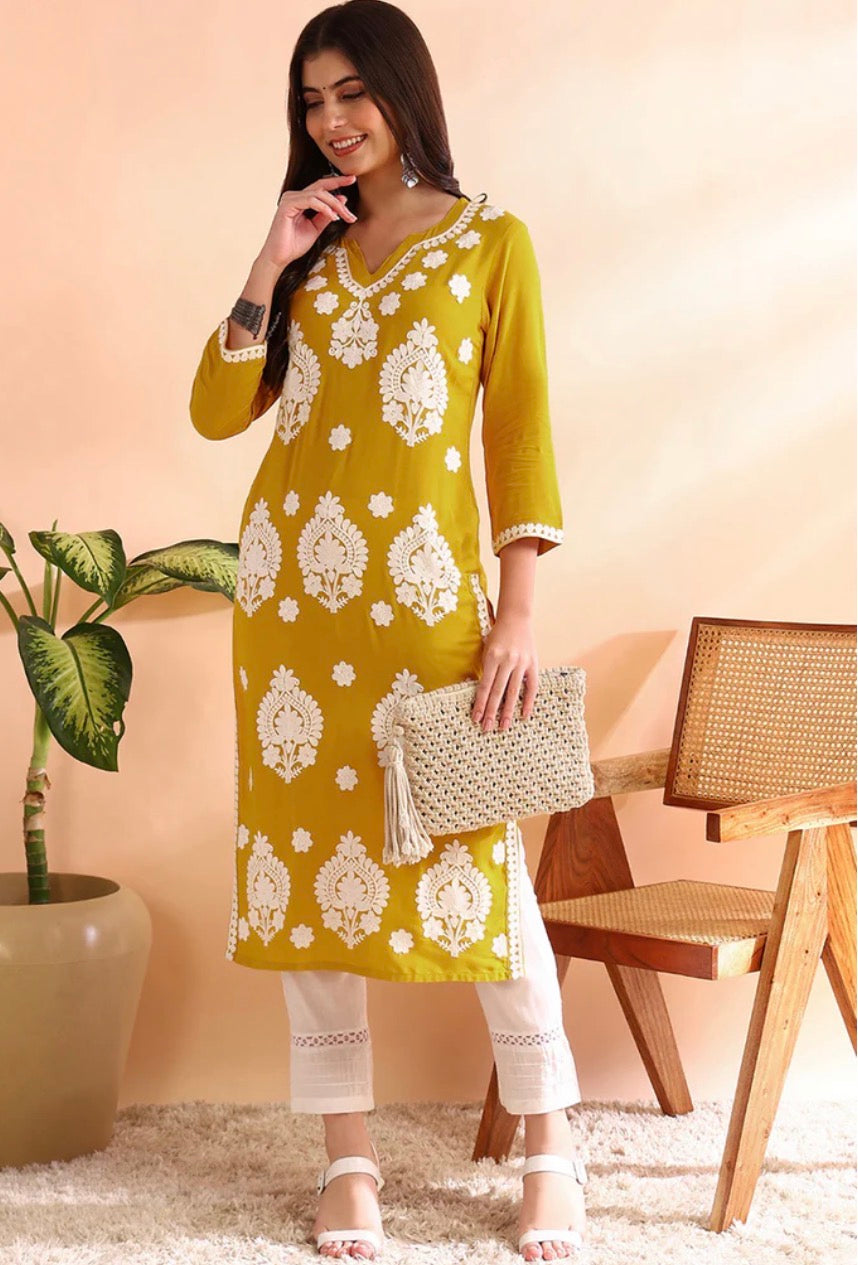 Mustard Yellow Chikankari Straight Kurta