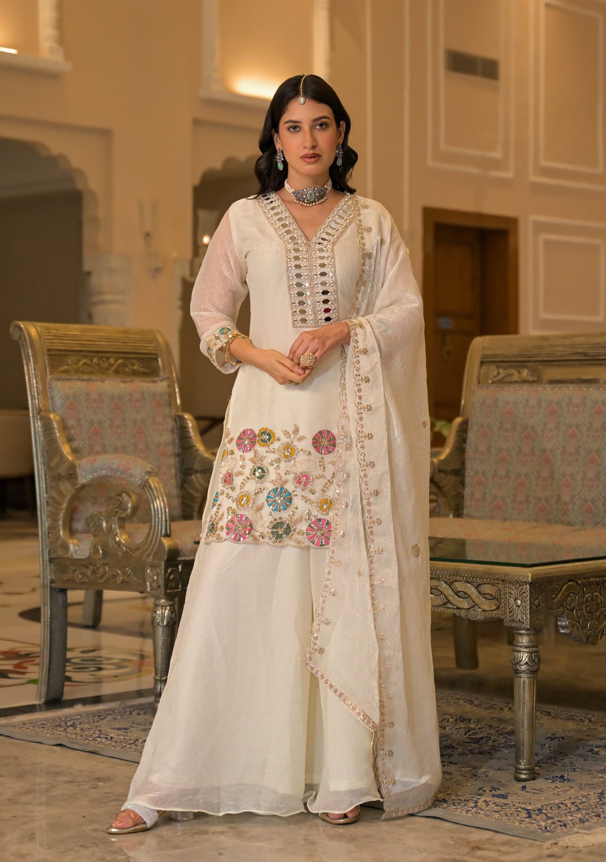 Ivory Crush Satin Mirror Work Palazzo Set