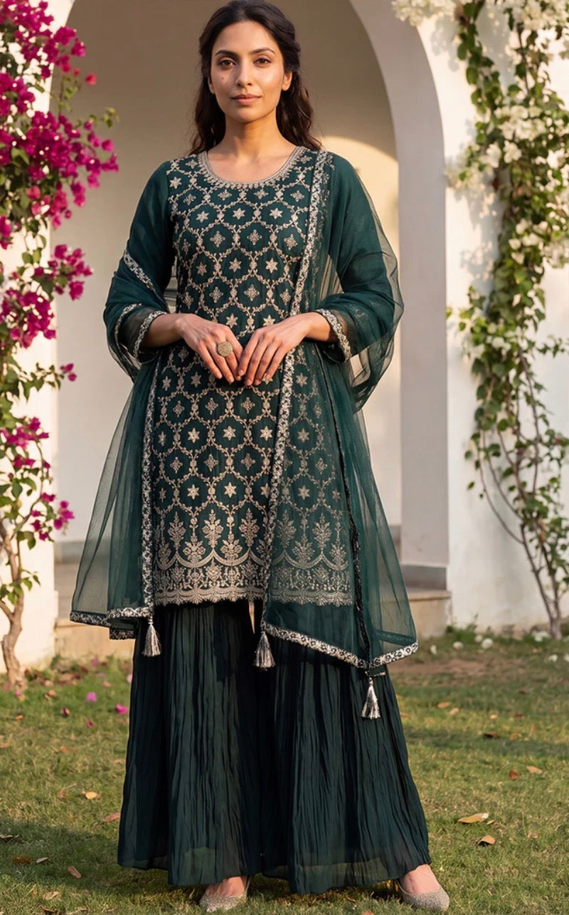 Green Silk Blend Kurta Sharara With Dupatta for Diwali/Festive Wear