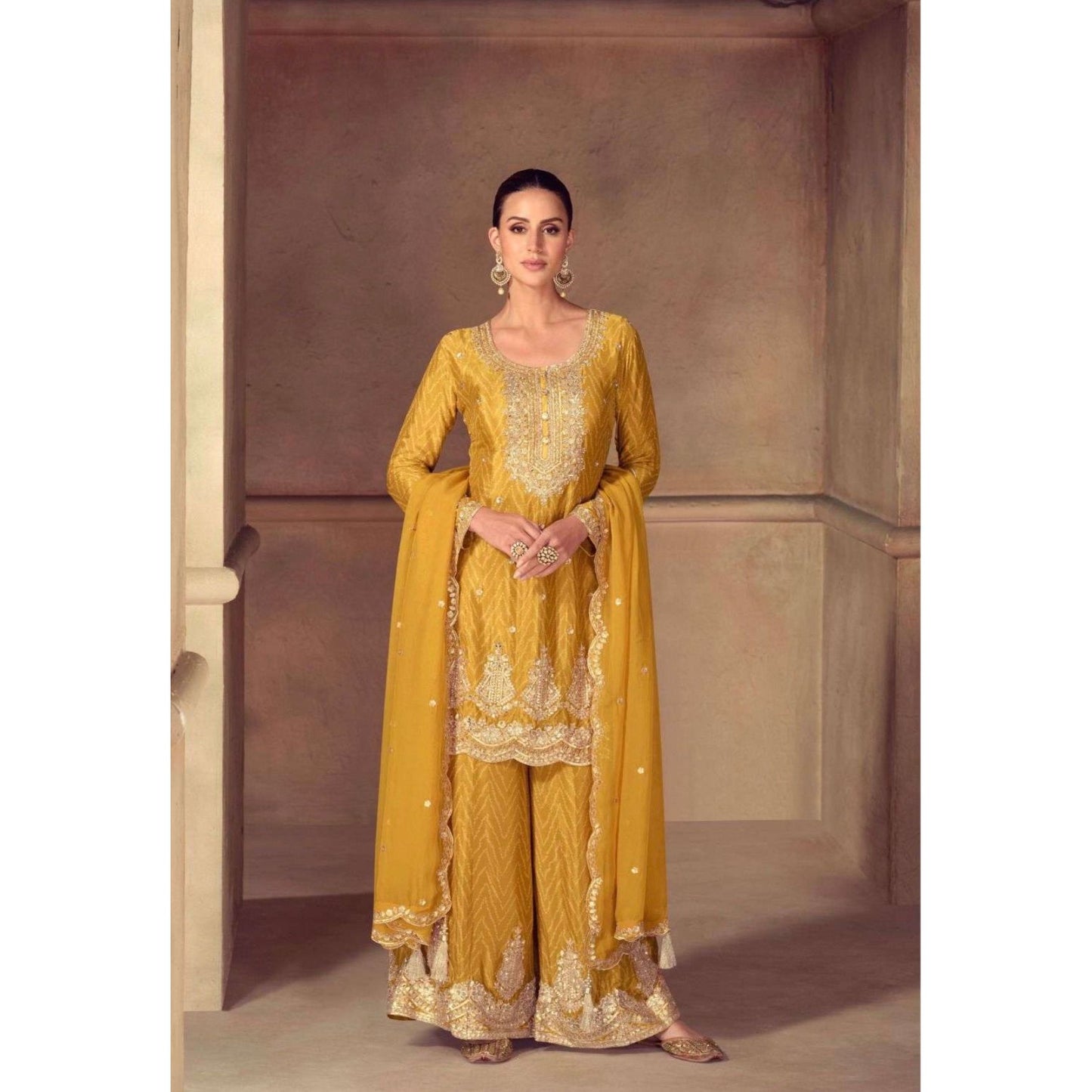 Golden Glow – Mustard Yellow Real Chinon Embroidered Set