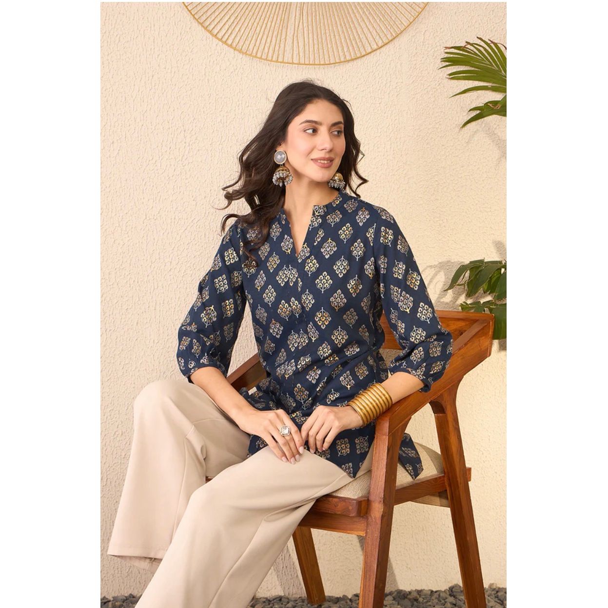Navy Blue Cotton Blend Floral Printed Regular Top