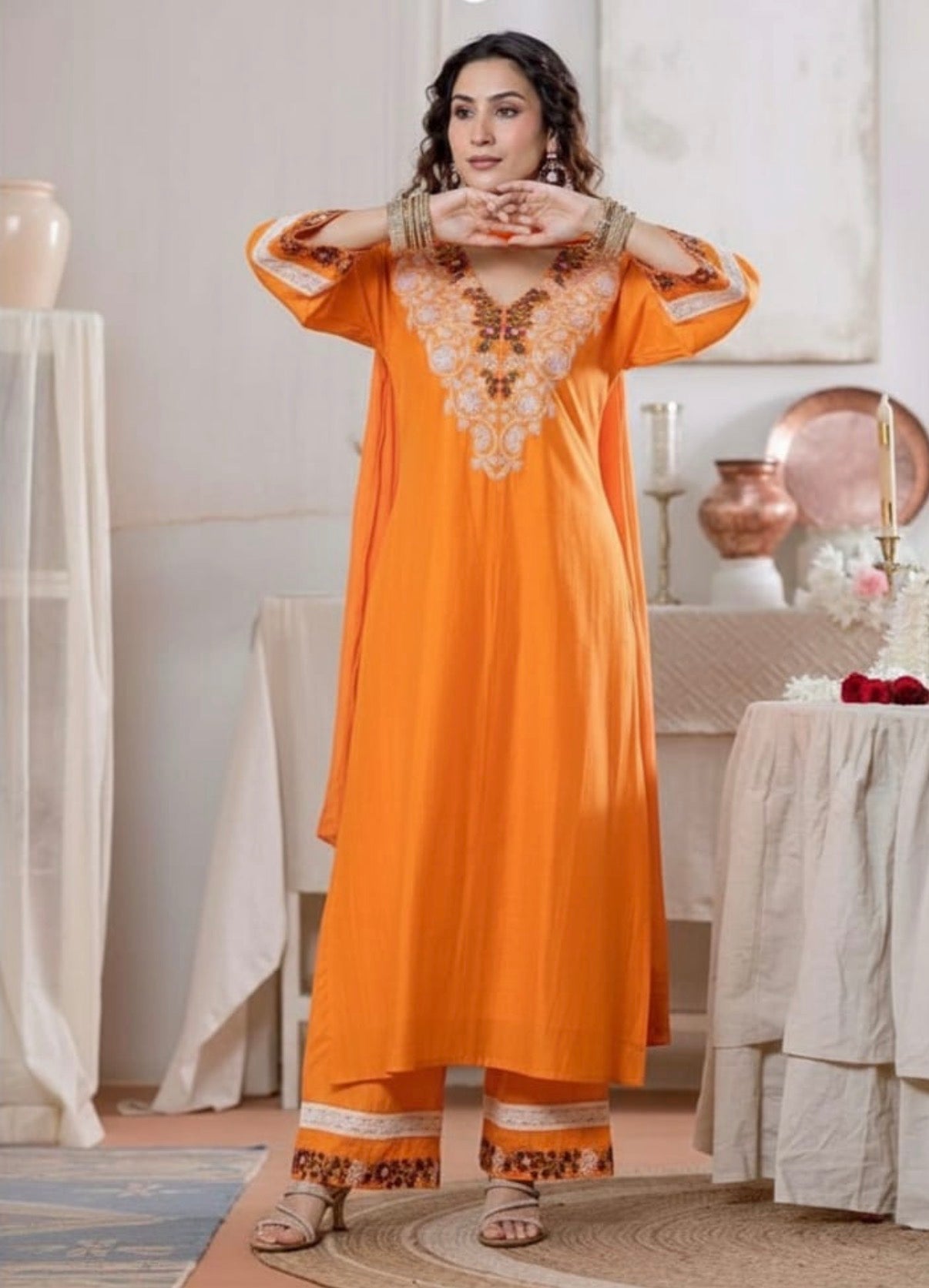 Orange Embroidered A-Line Kurta Set