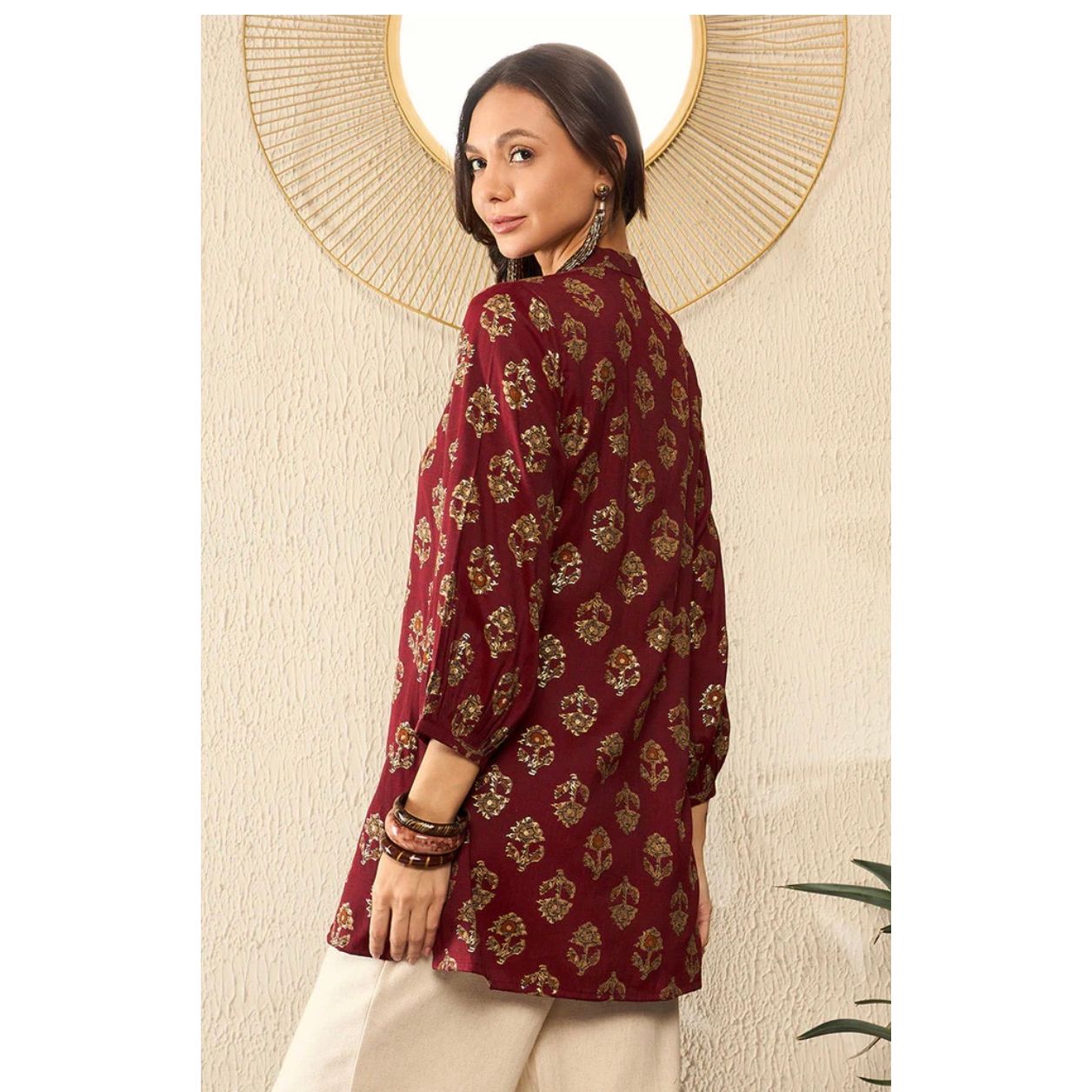 Maroon Cotton Blend Floral Printed Regular Top