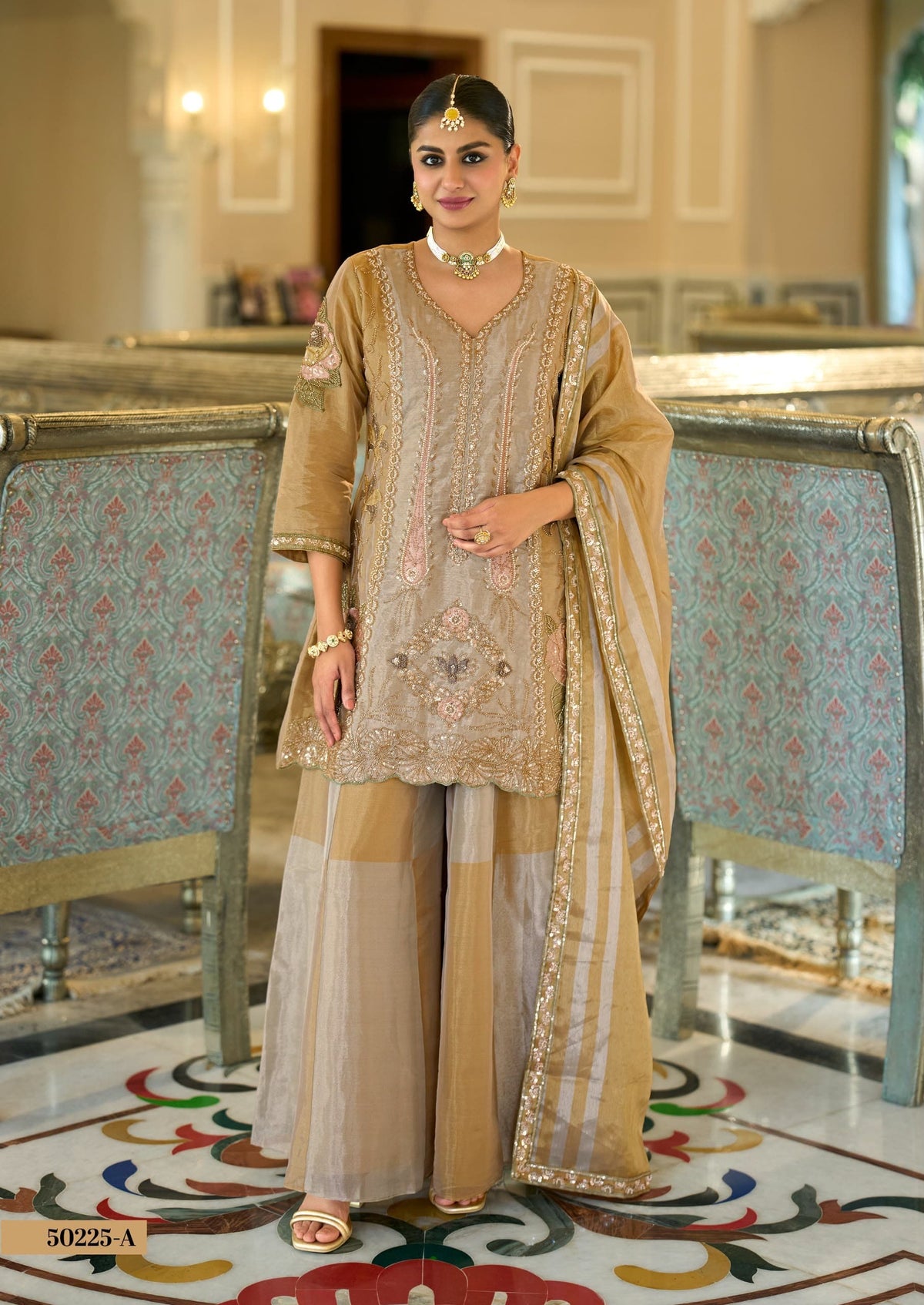 Champagne Gold Viscose Kanjivaram Palazzo Set with Dupatta