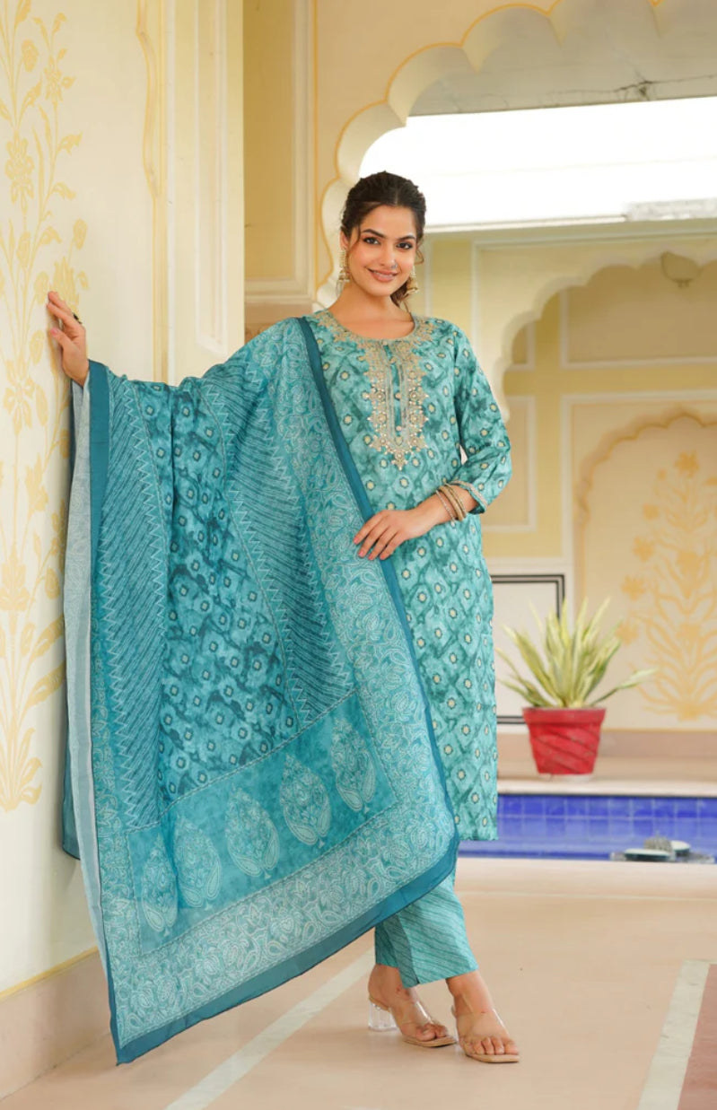 Sea Green Silk Blend Ombre Straight Kurta Trousers With Dupatta 