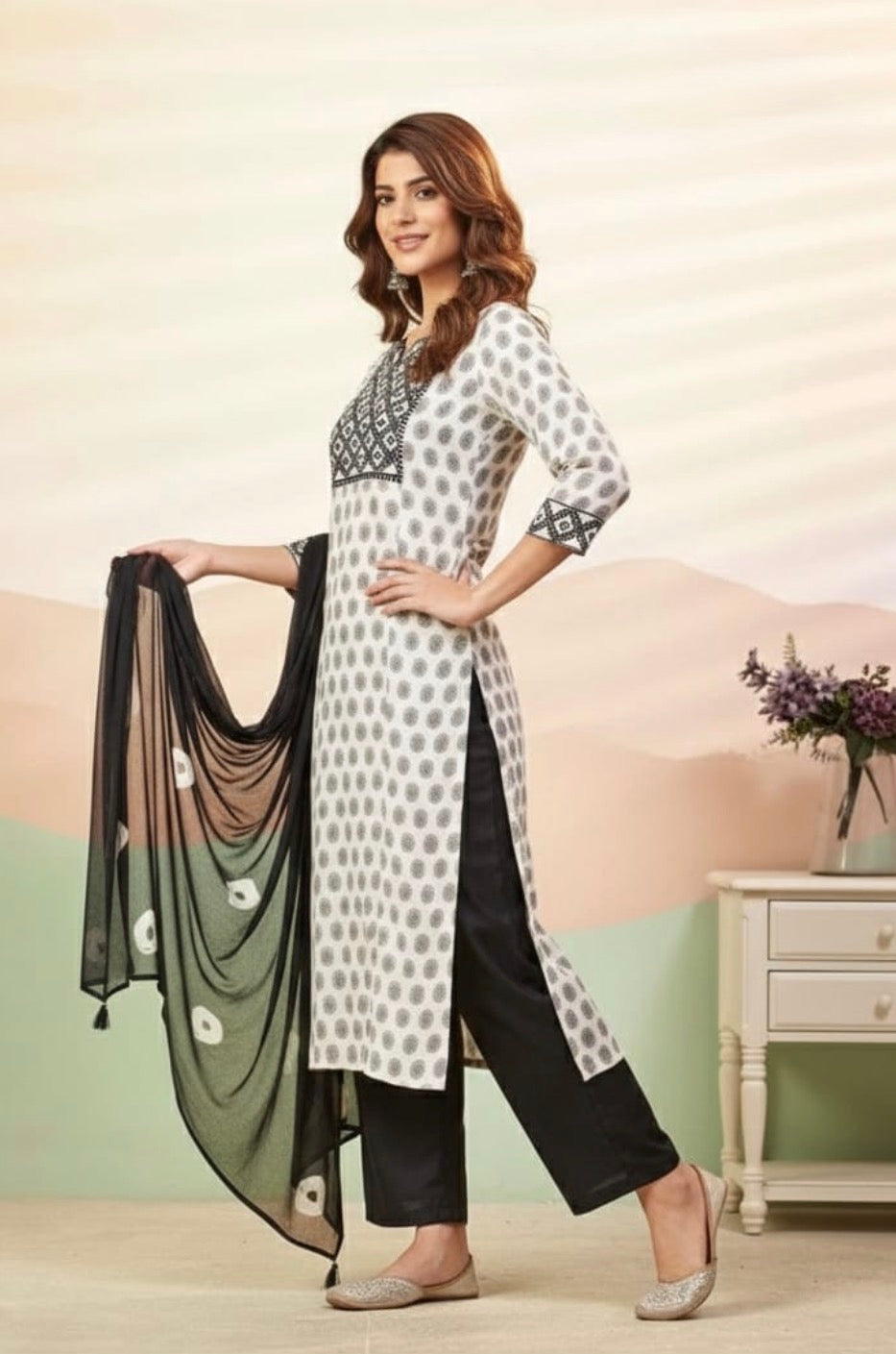 Black & White 3-Piece Kurta Set