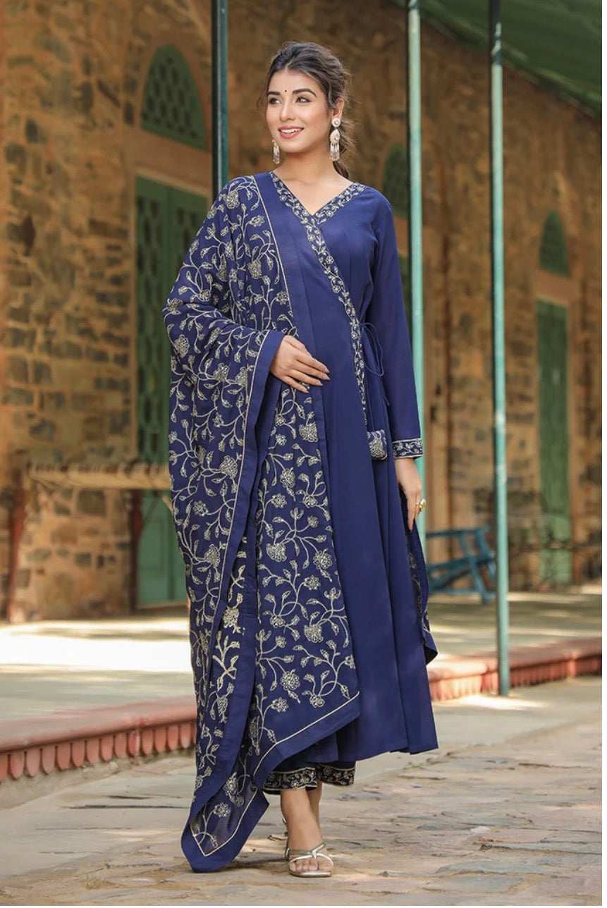 Navy Blue Georgette Angrakha Pant With Dupatta