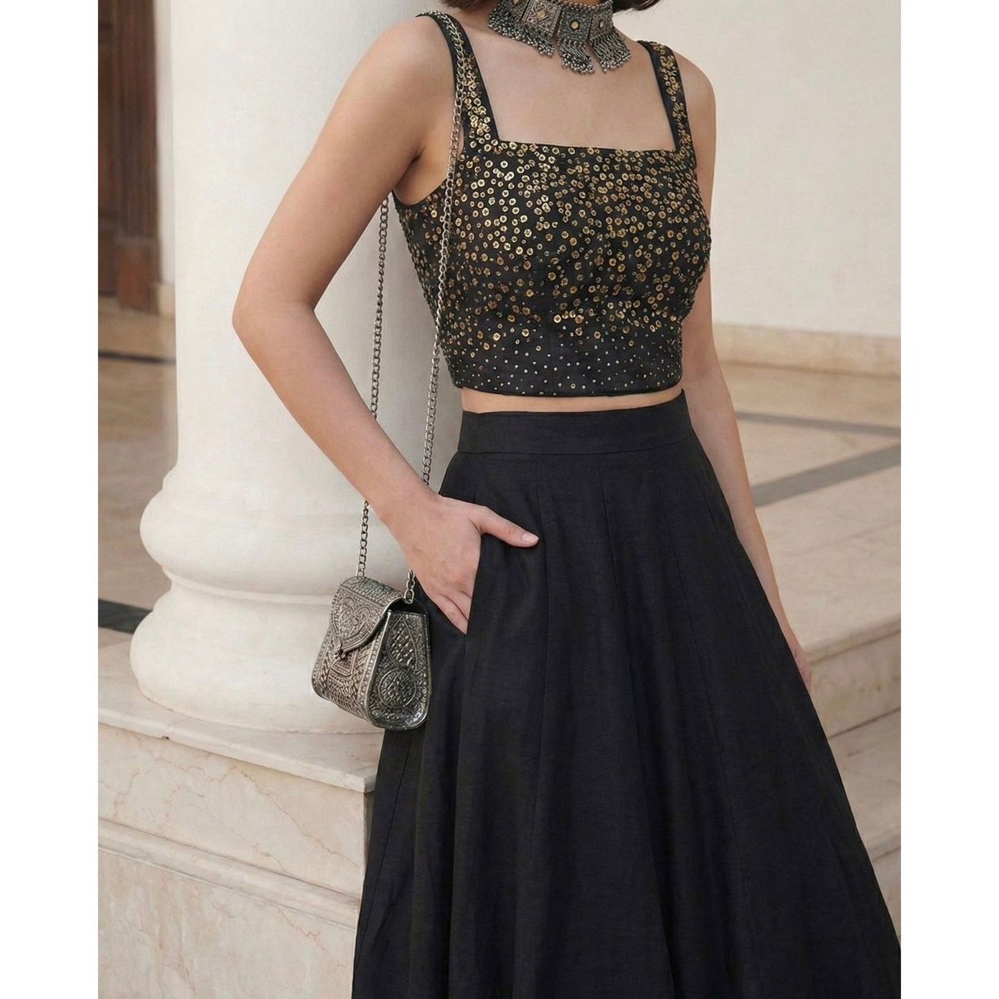 Black Soft Silk Readymade Lehenga Set with Sequin Blouse (2-Piece) Pre Order