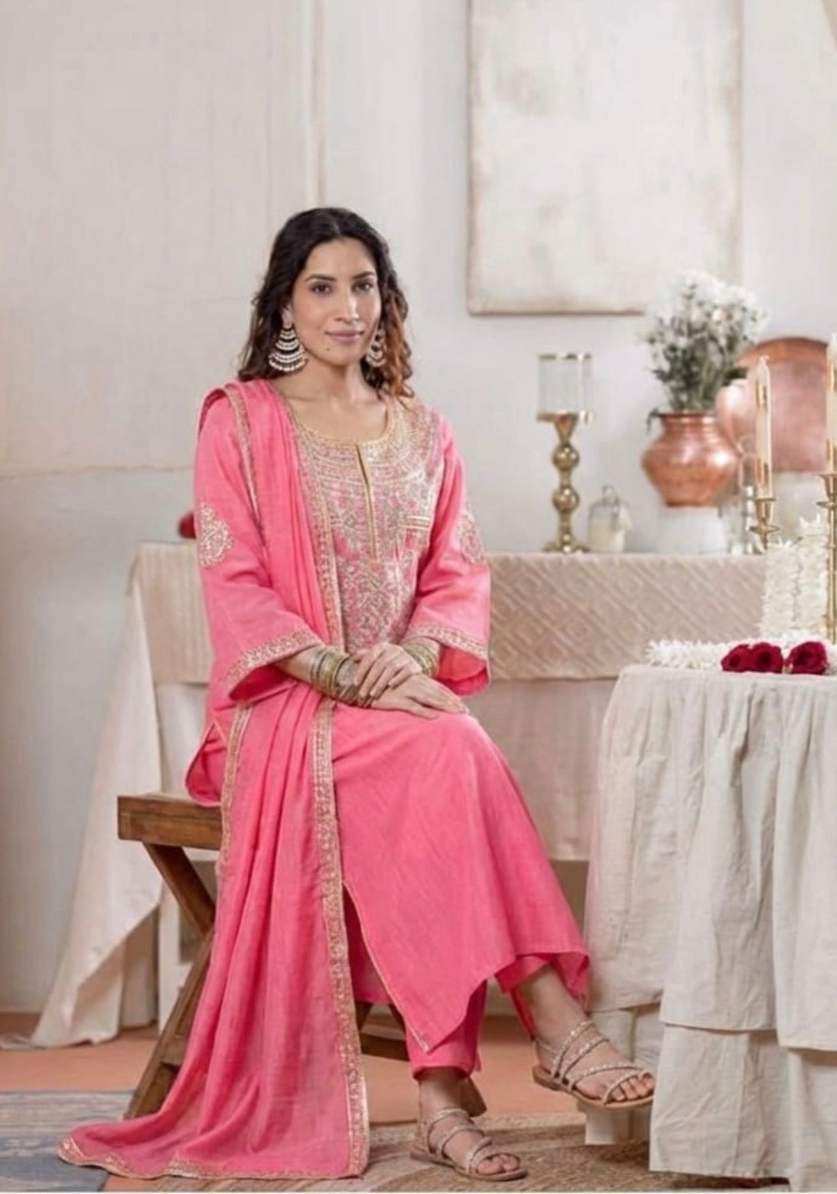 Gold Embroidered Pink Cotton Kurta Set