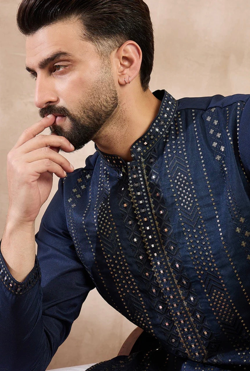 Blue Silk Blend Embroidered Straight Kurta With Trouser