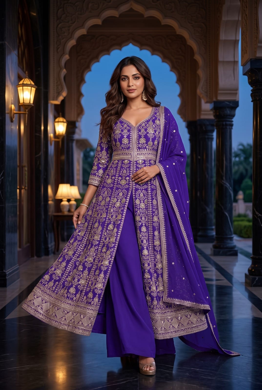 Royal Bloom Embroidered Chinon Front-Slit Palazzo Suit