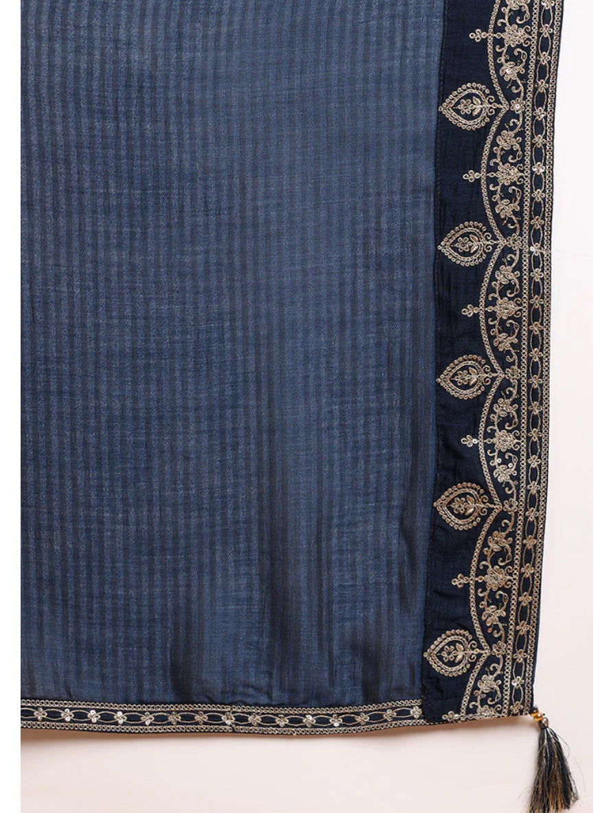 Navy Blue Silk Blend Solid Embroidered Straight Suit Set