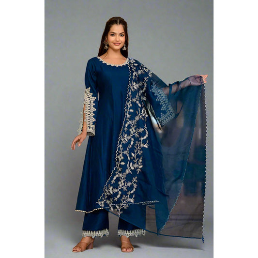 Blue Silk Blend Anarkali Kurta Set