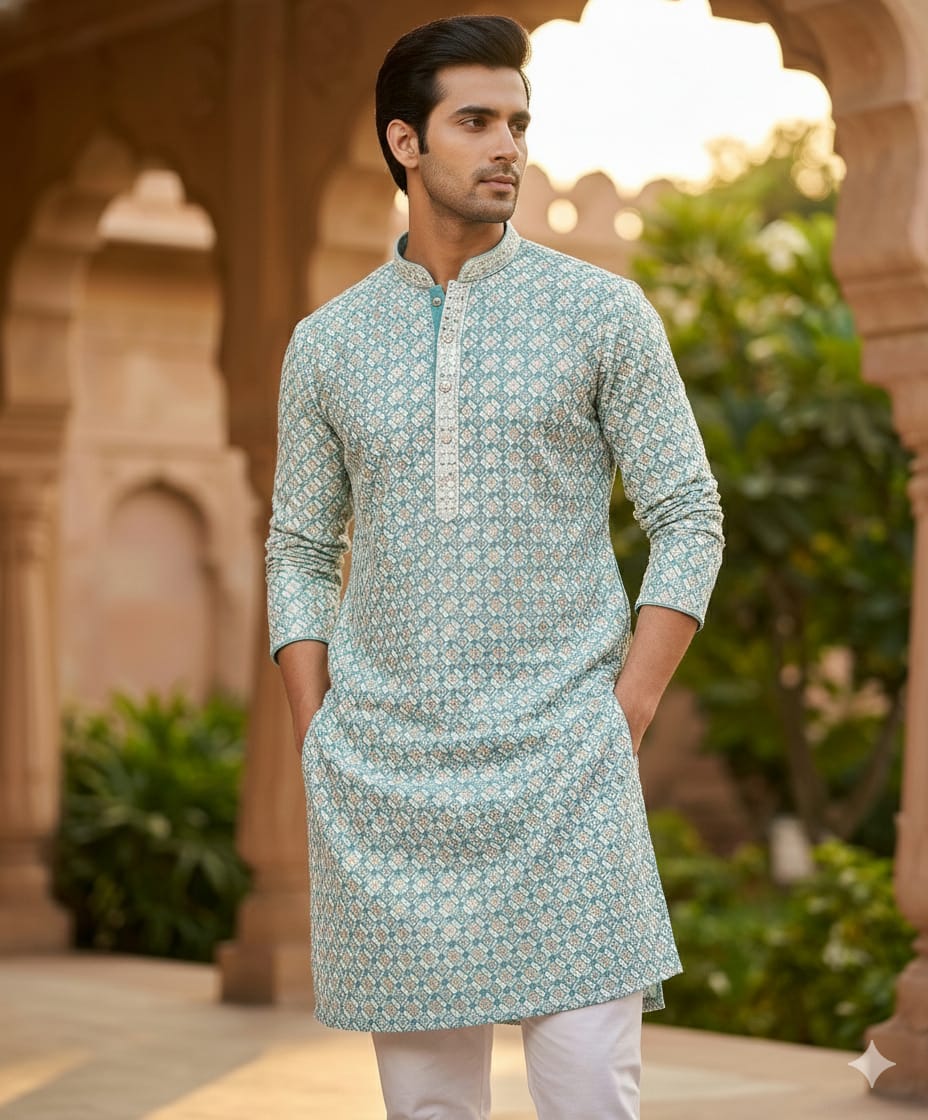Men’s Chikankari / Sequin Work Kurta Set :Blue
