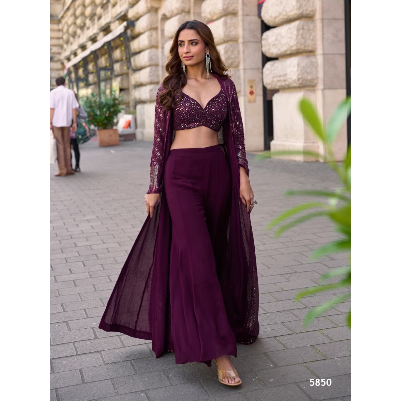 Heavy Georgette Embroidered Shrug Set with Sequin Work: Pre Order