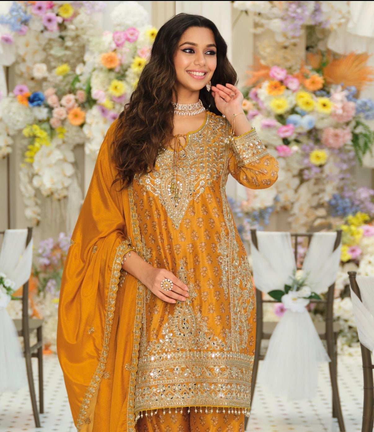 Pre-Order: Embroidered Chinon Kurta Set with Palazzo & Dupatta (Multiple Colors | XXL–3XL)