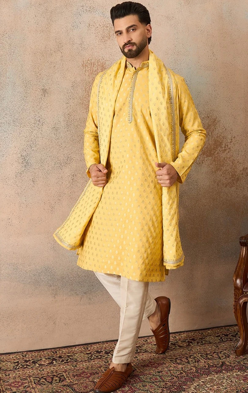 Yellow Jacquard Woven Design Floral Straight Kurta Set