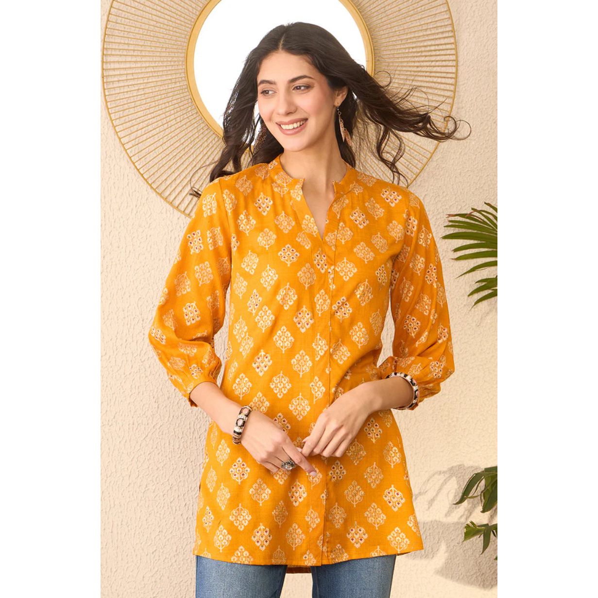 Yellow Cotton Blend Floral Printed Tunic Top