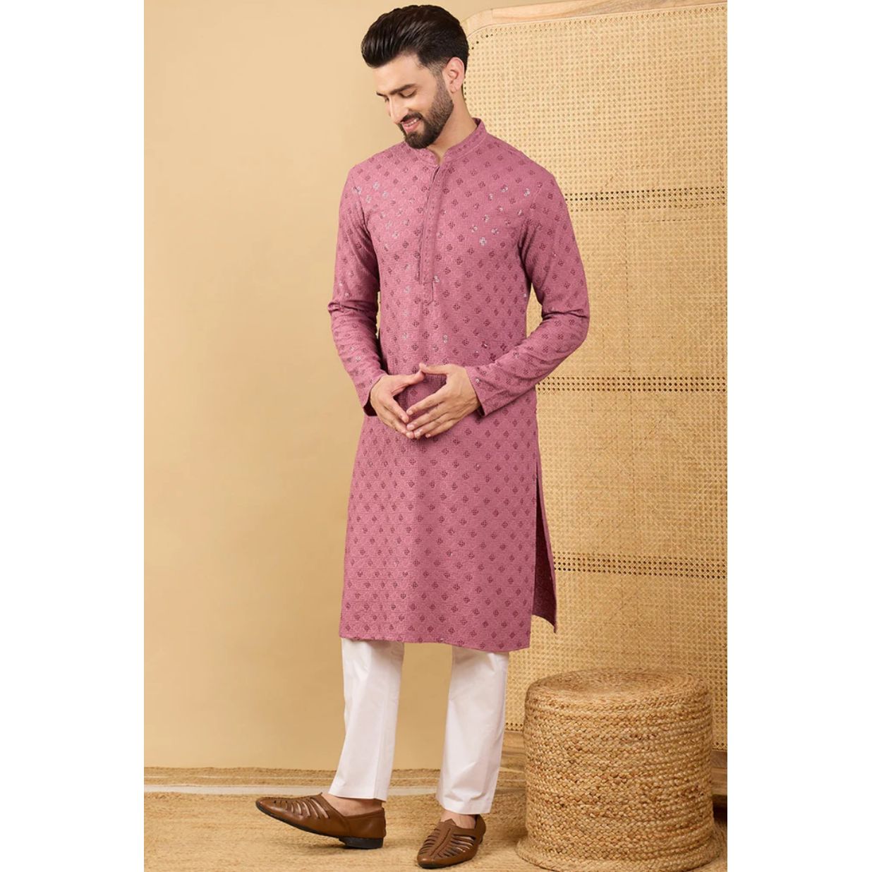 Mauve Viscose Rayon Solid Embroidered Straight Chikankari Kurta