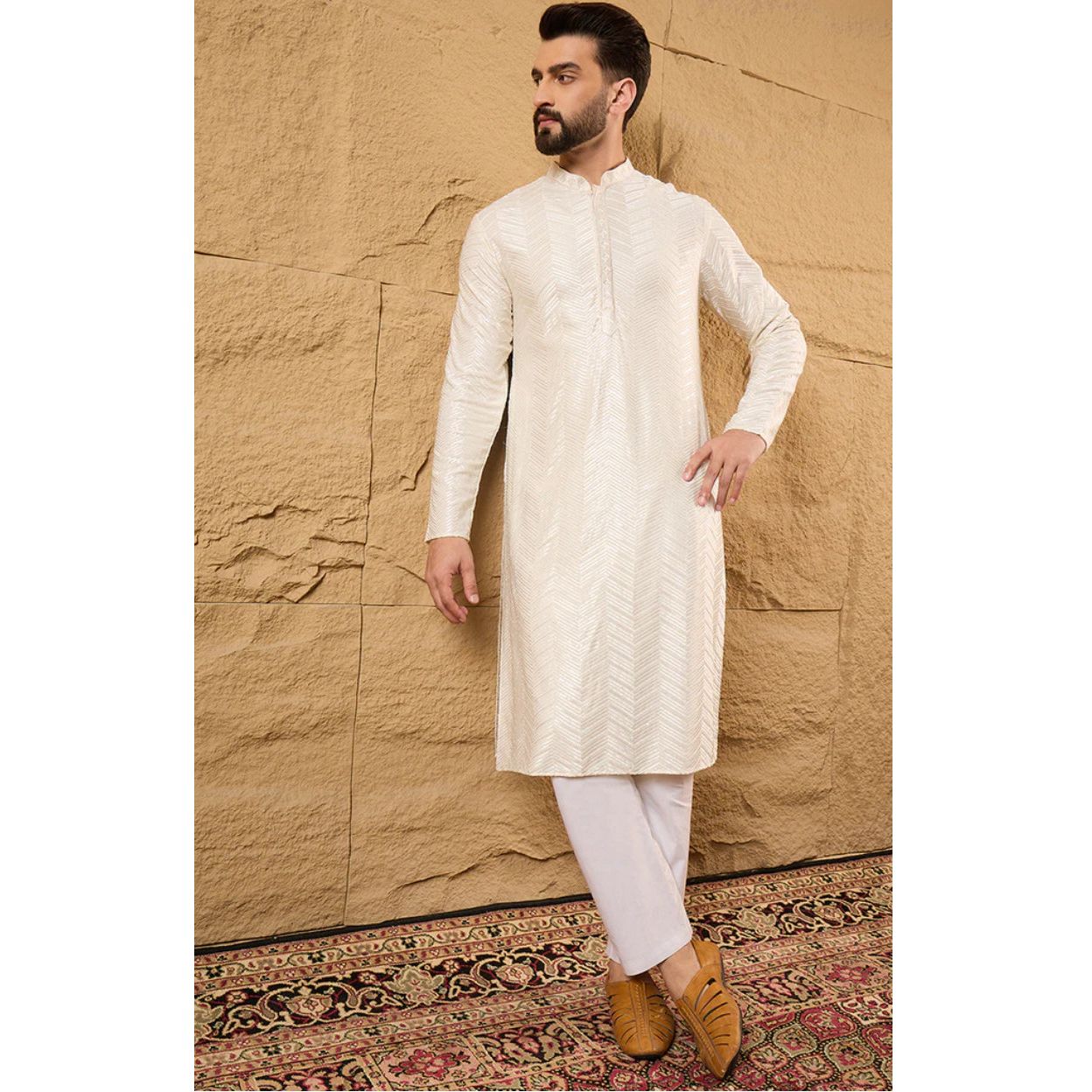 Off White Viscose Rayon Chevron Embroidered Straight Kurta