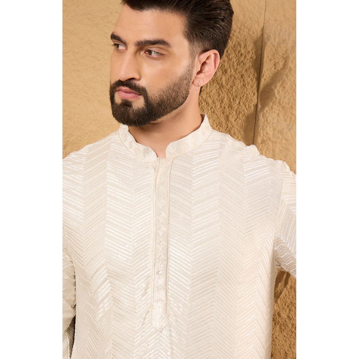 Off White Viscose Rayon Chevron Embroidered Straight Kurta