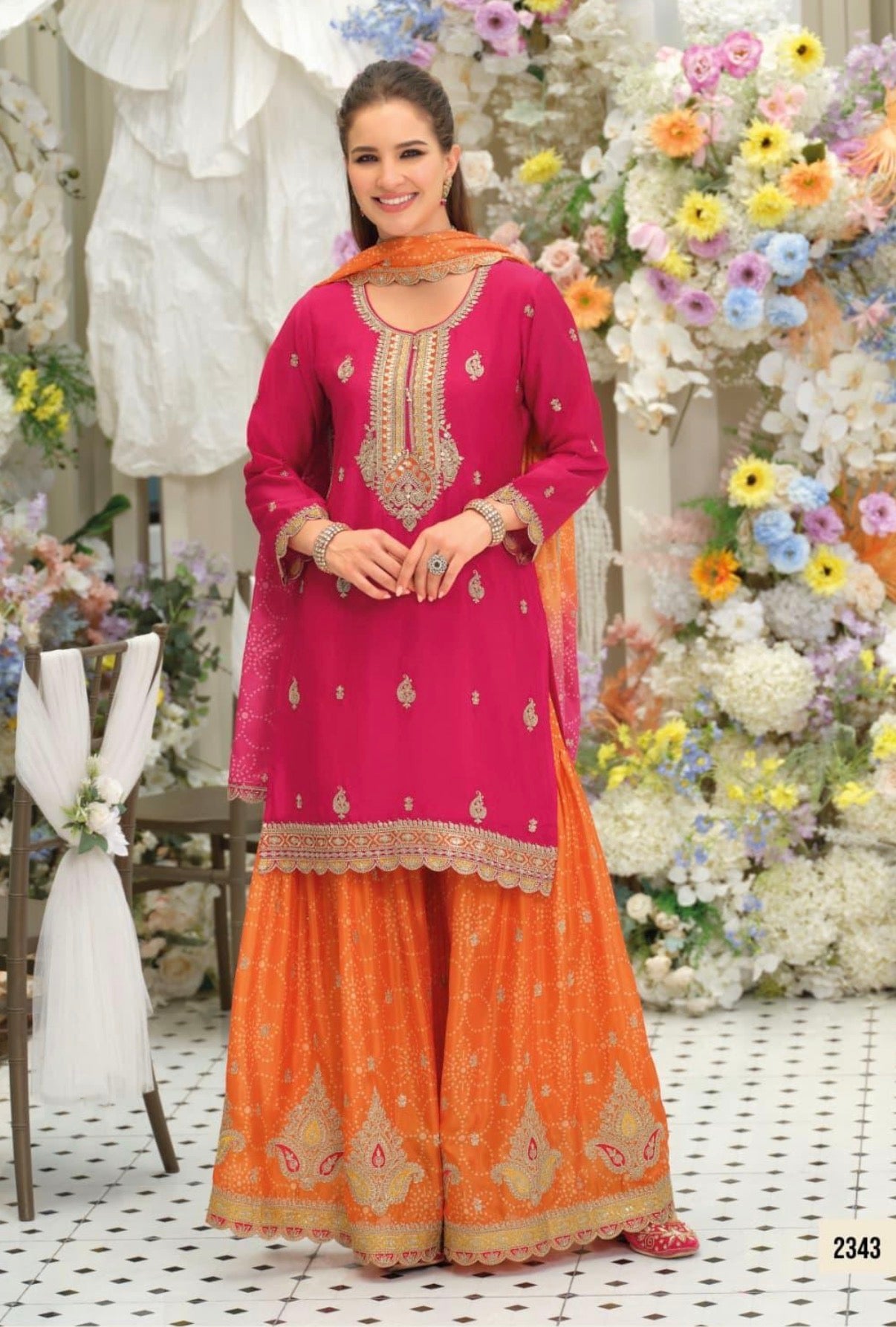 Pre-Order: Designer Chinon Kurta Set with Digital Print Palazzo & Embroidered Dupatta