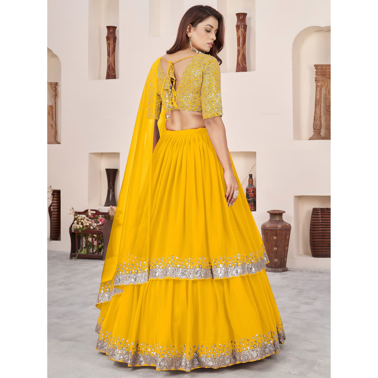 Sequins & Zari Embroidered Georgette Lehenga Set Yellow (Pre Order)