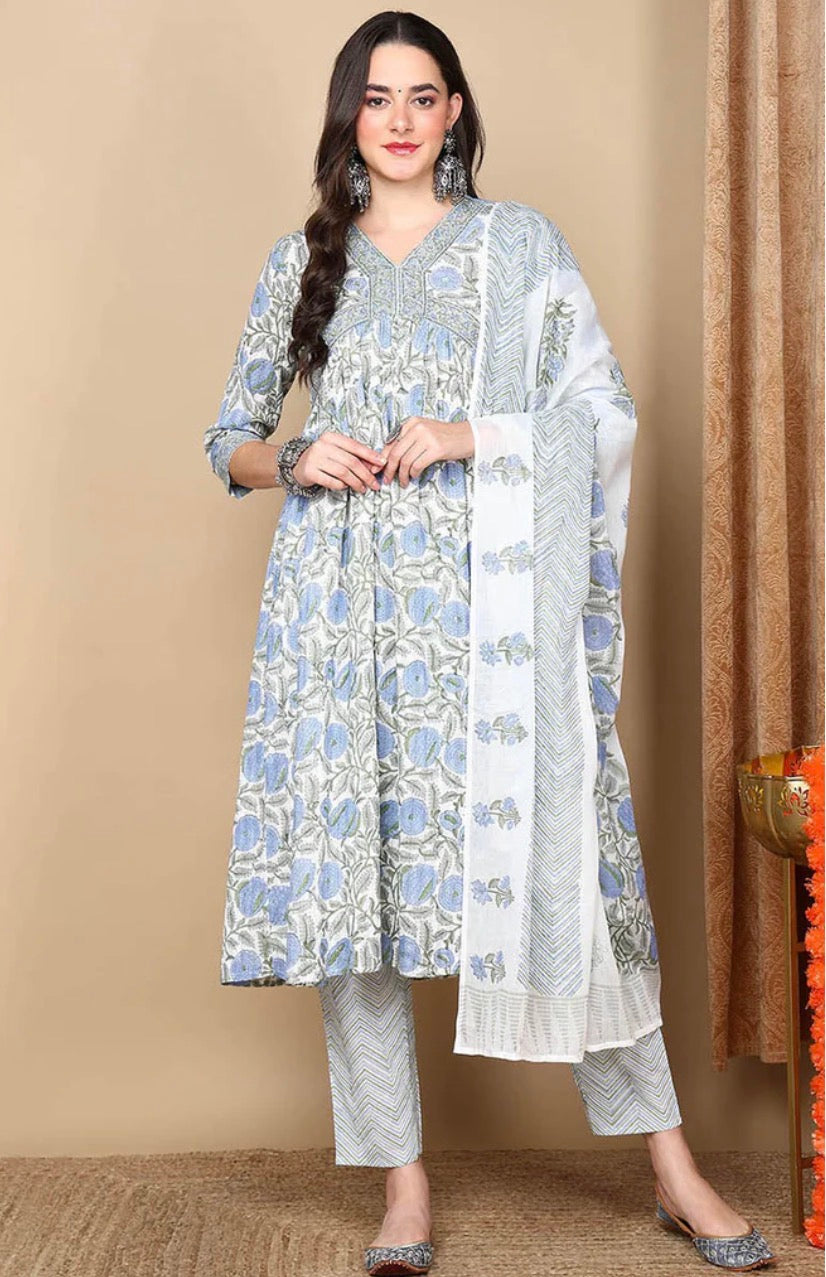 White & Blue Floral Printed Rayon Blend Kurta Set with Dupatta