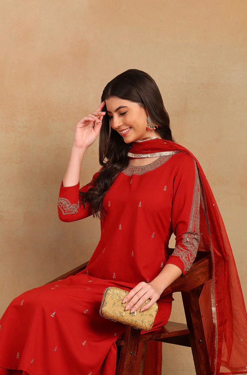 Red Silk Blend Solid Embroidered A-Line Trouser Bottom Suit Set