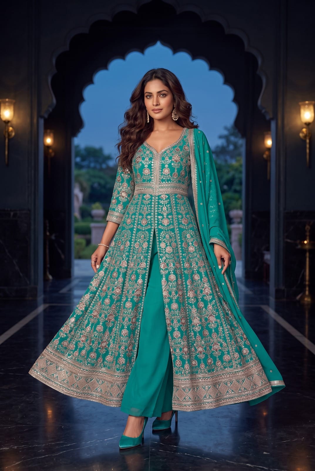 Royal Bloom Embroidered Chinon Front-Slit Palazzo Suit