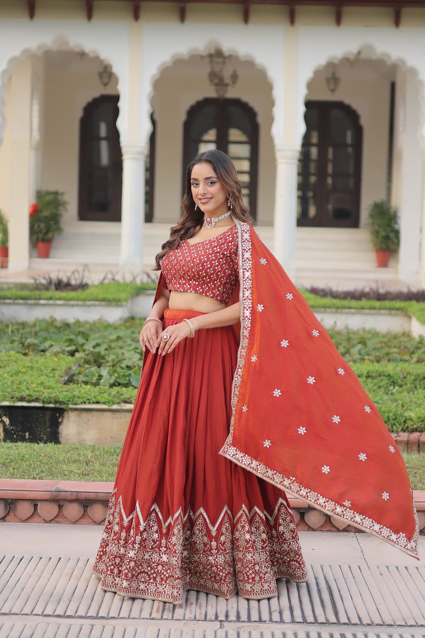 Silk Lehenga Choli Set (Pre-Order Only): Rust Orange