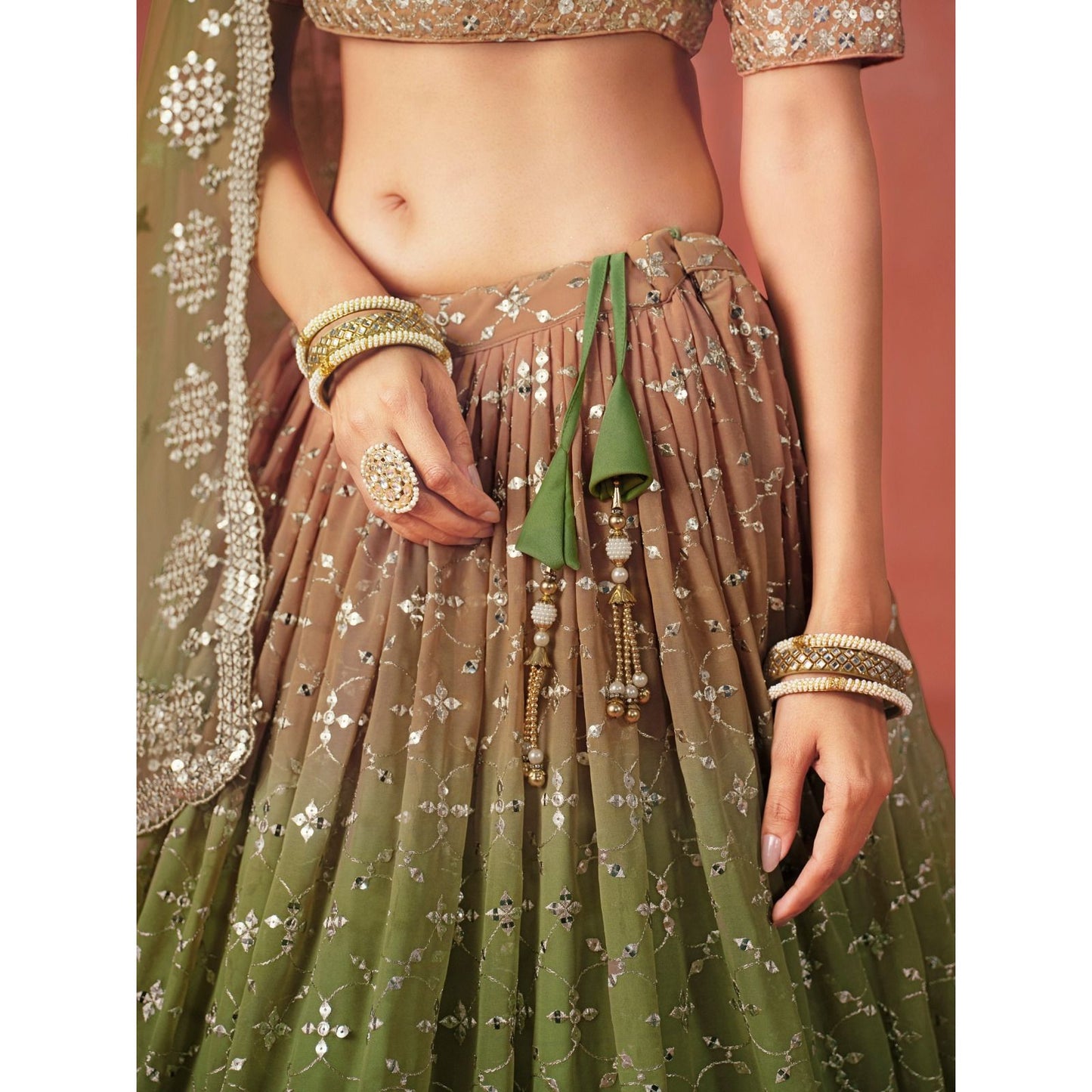 Georgette Lehenga Choli Set with Sequins & Zari Embroidery : Green (Pre Order)
