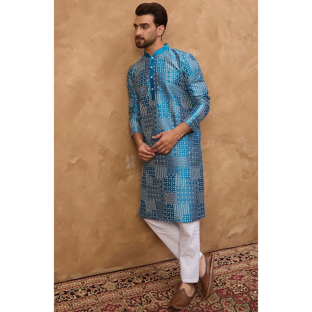 Blue Silk Blend Geometric Printed Straight Kurta – Men’s Ethnic Wear