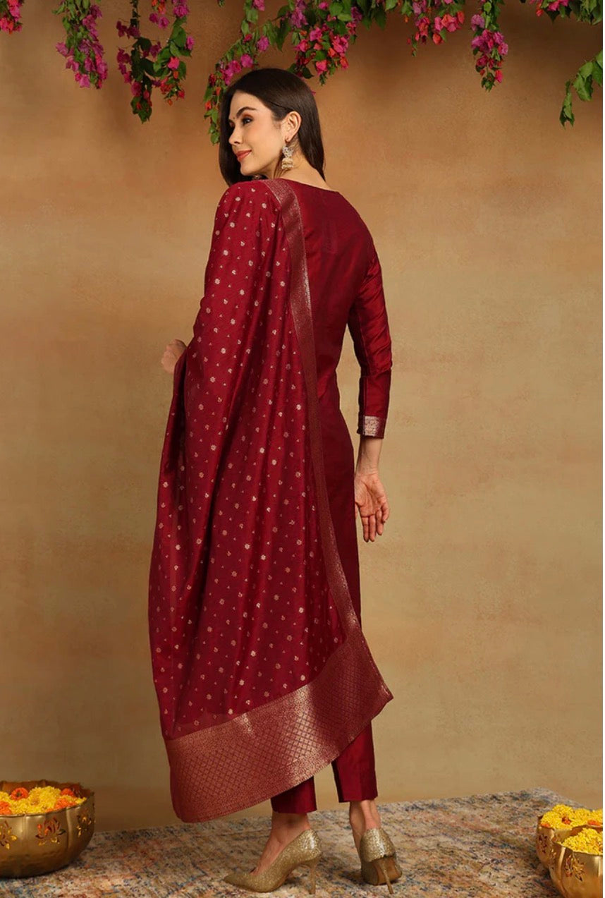 Maroon Chanderi Woven Design Straight Kurta Set
