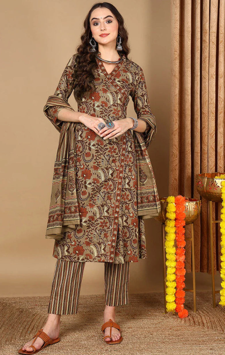 Taupe Pure Cotton Floral Printed Angharkha Suit Set