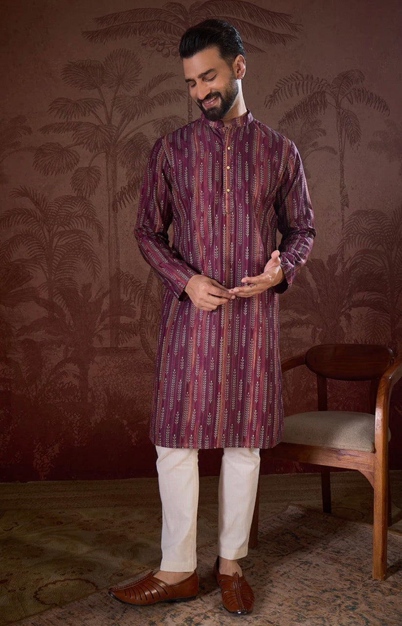 Purple Silk Blend Striped Printed Straight Kurta With Trouser