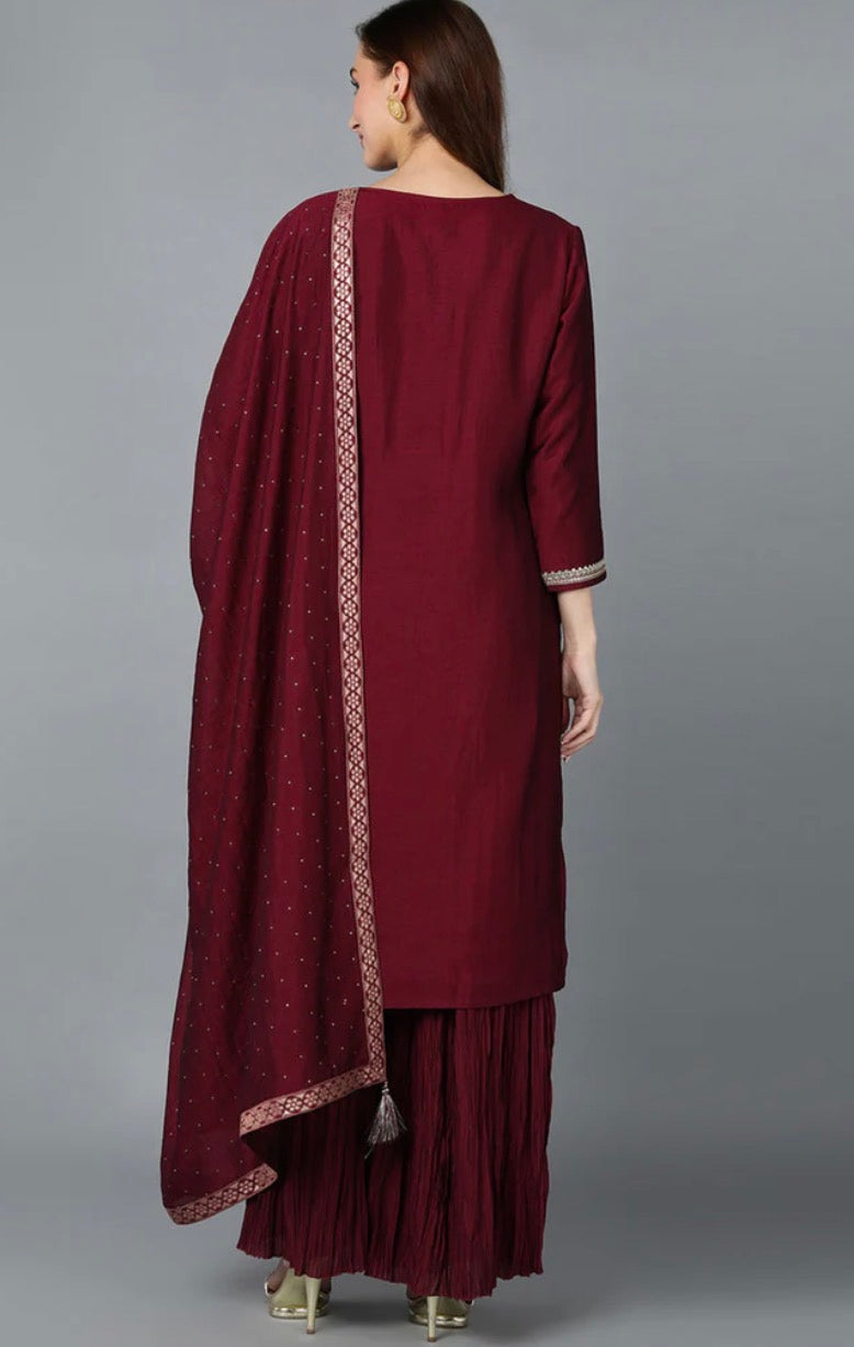 Maroon Silk Blend Yoke Design Kurti Sharara With Dupatta