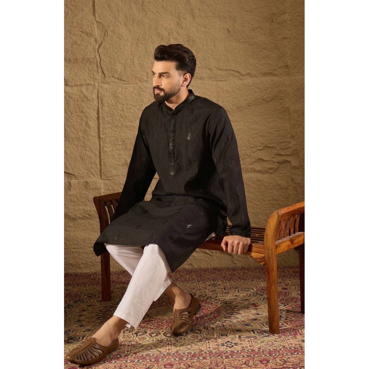 Black Viscose Rayon Solid Embroidered Straight Kurta