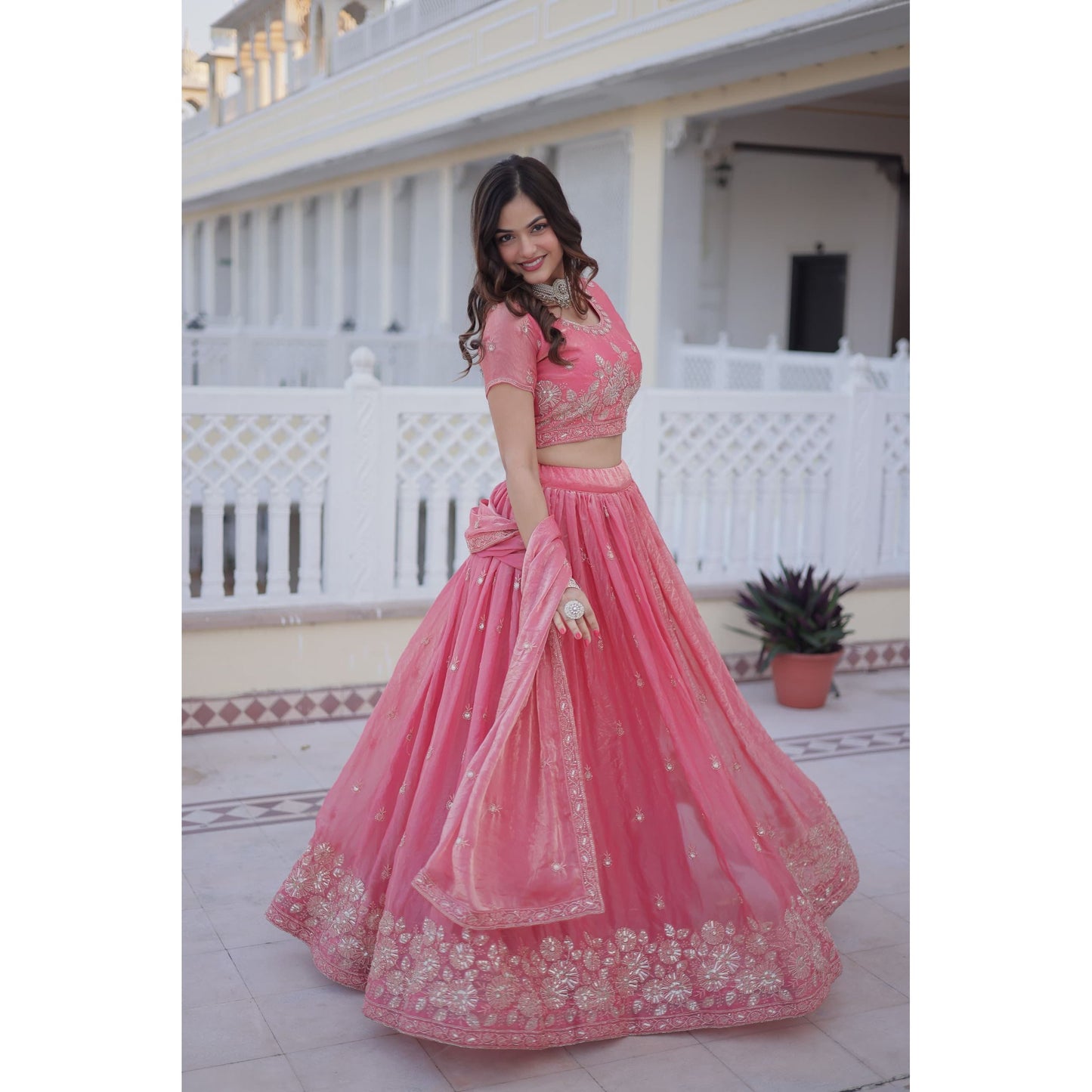 Pink Sequin & Zari Embroidered Lehenga Choli Set with Dupatta : Pre Order