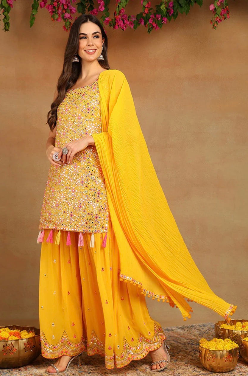 Yellow Georgette Solid Embroidered Straight Kurta Set
