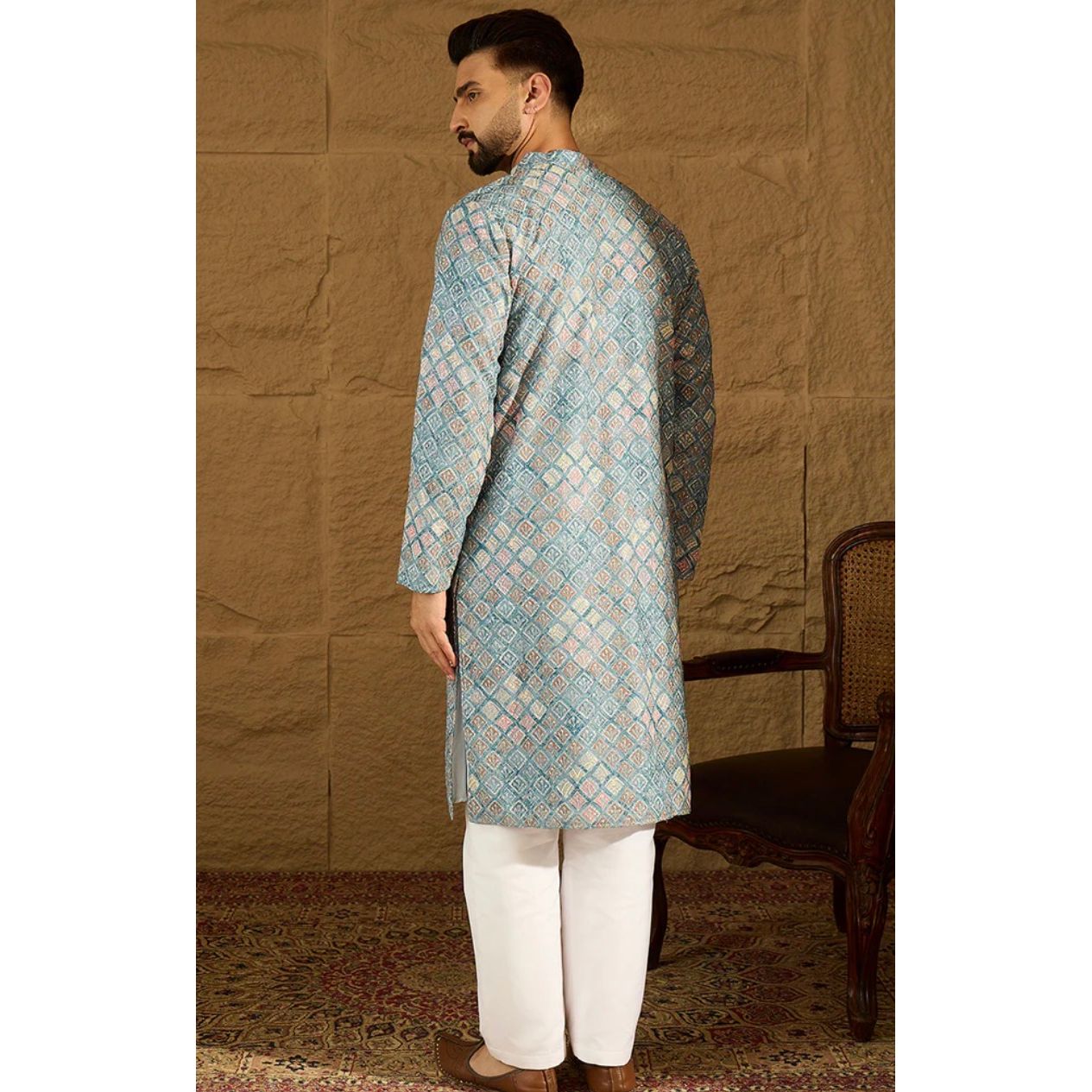 Blue Viscose Rayon Abstract Embroidered Straight Kurta