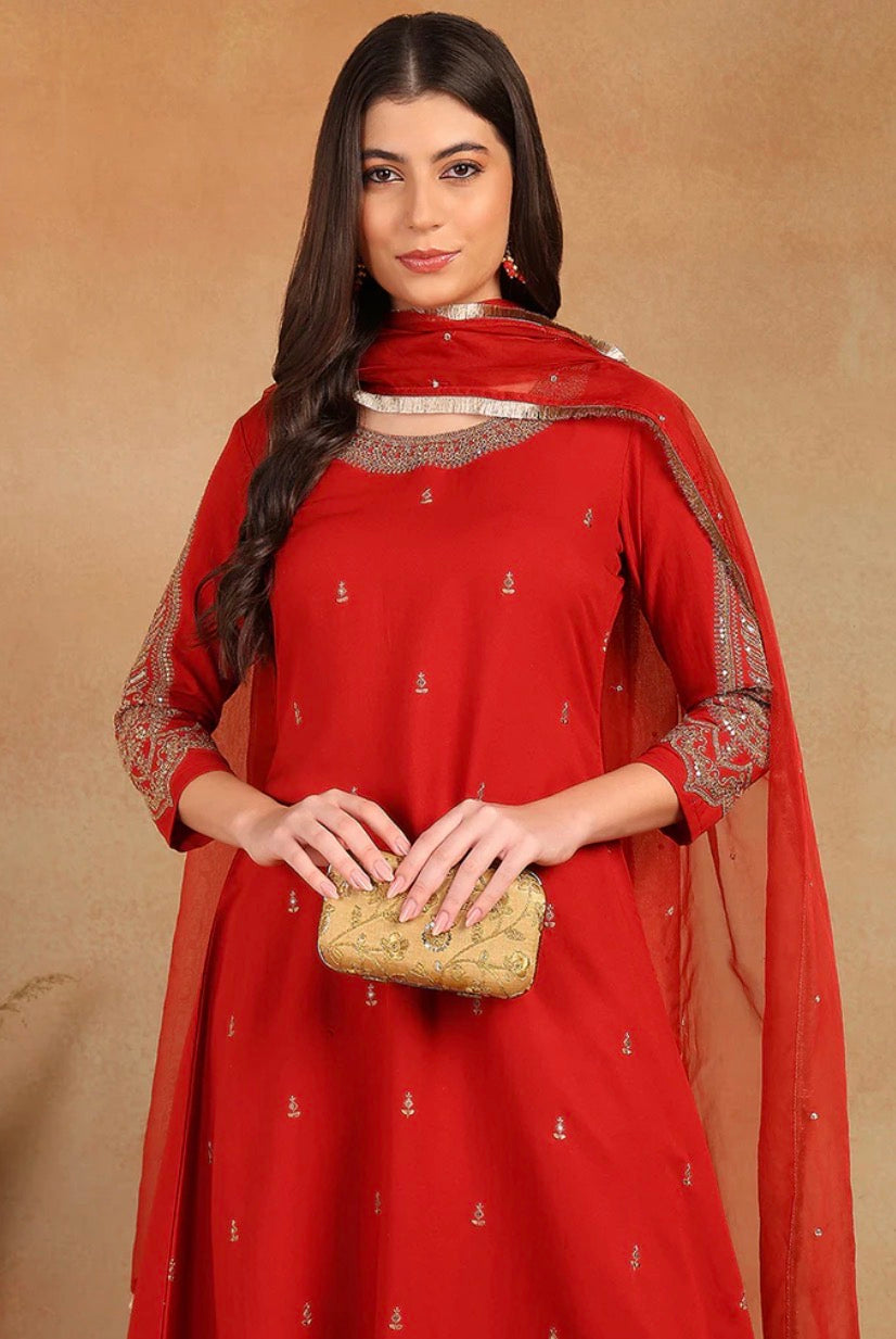 Red Silk Blend Solid Embroidered A-Line Trouser Bottom Suit Set