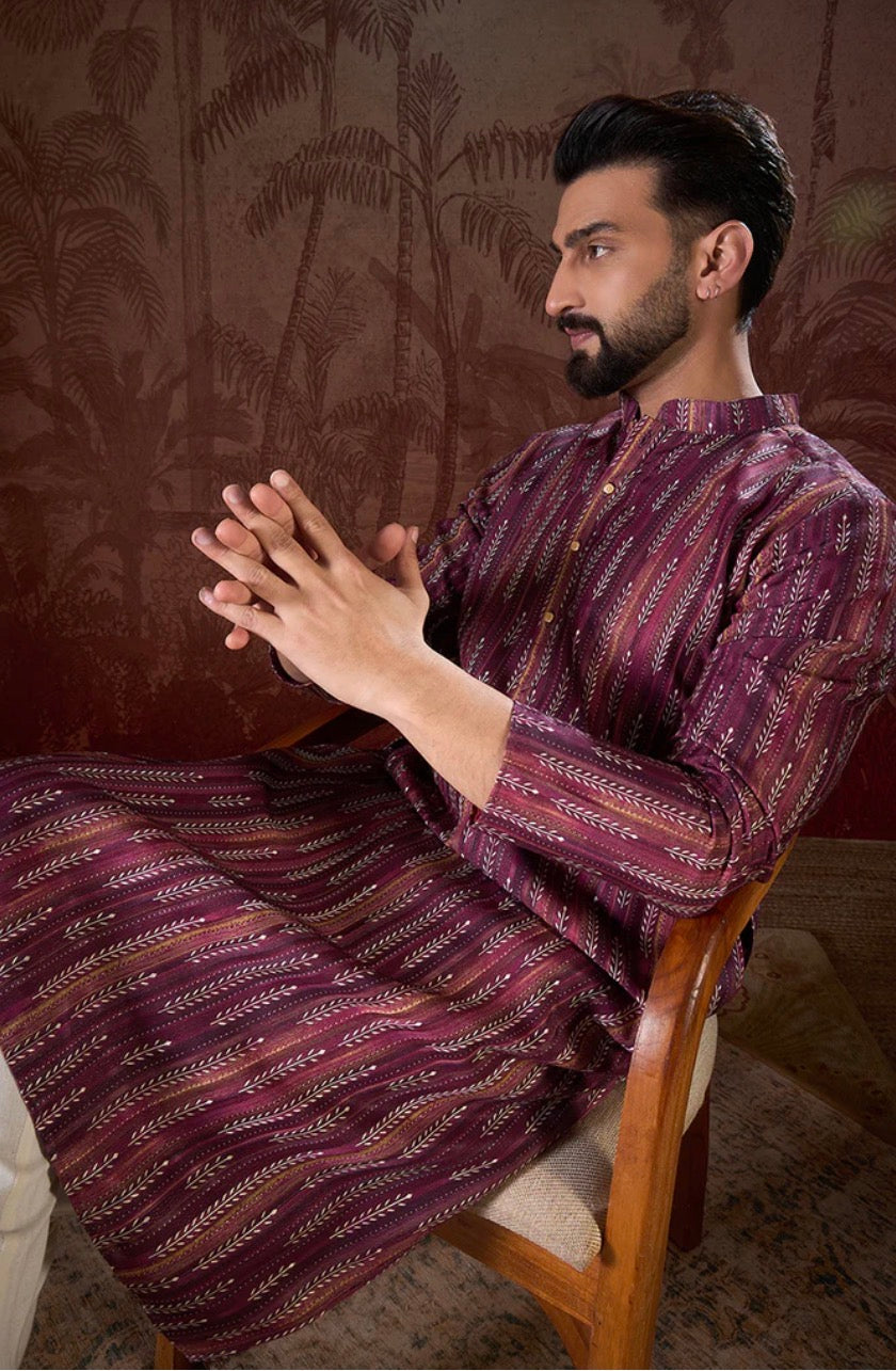 Purple Silk Blend Striped Printed Straight Kurta With Trouser