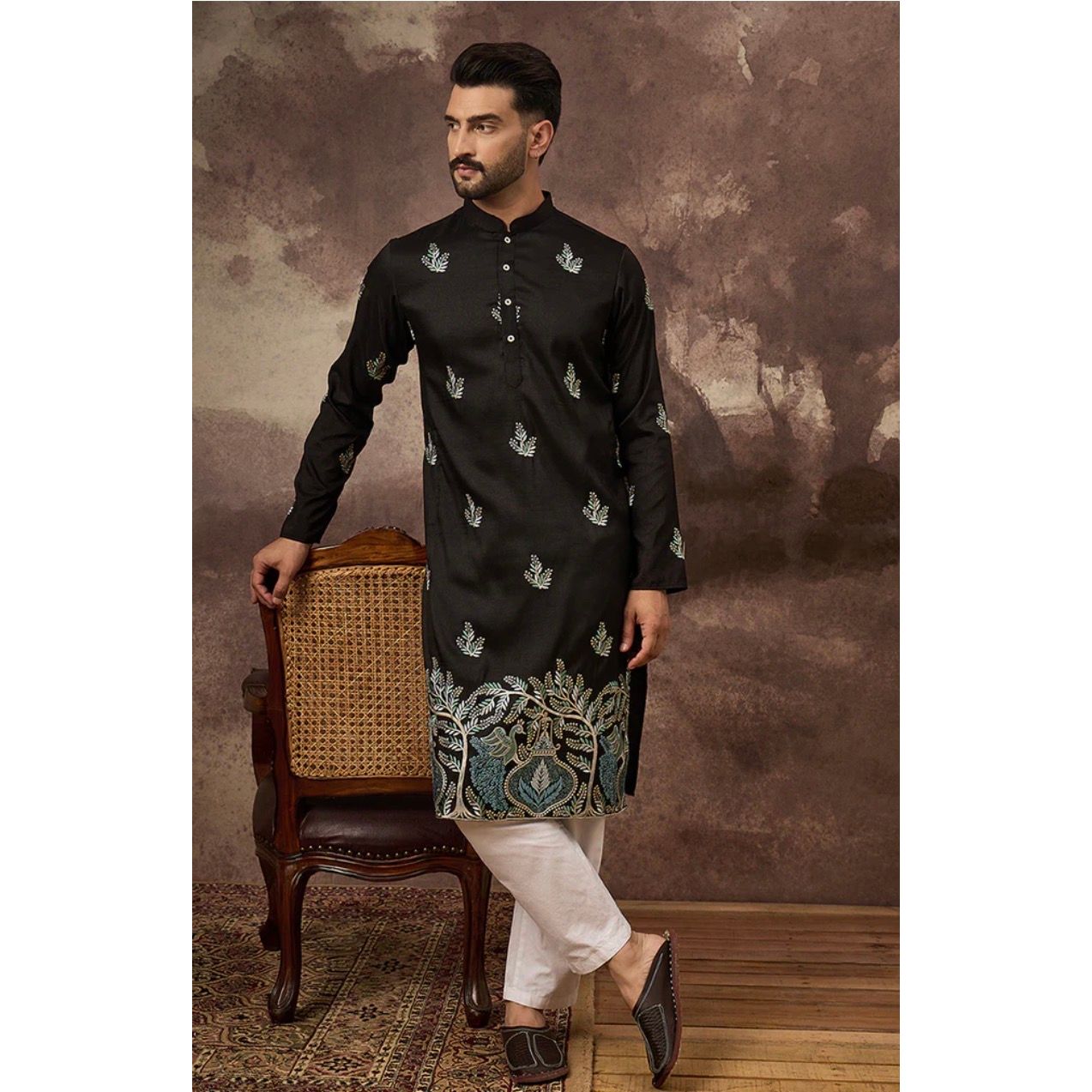 Black Silk Blend Solid Embroidered Straight Kurta