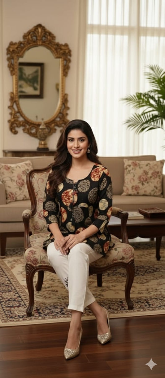 Black Printed Mal Cotton Kurta with Khadi Cotton Pants (Co-Ord Set)