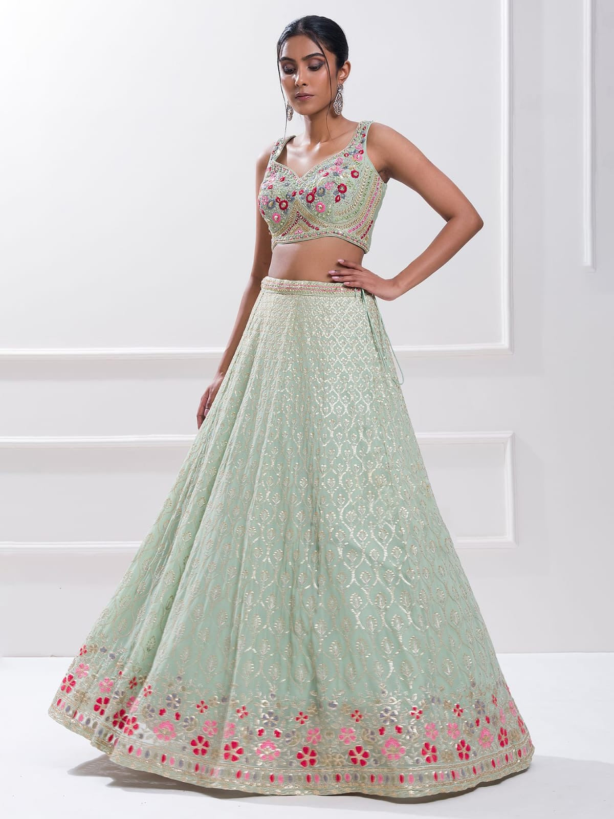 Pastel Mint Green Embroidered Lehenga Set