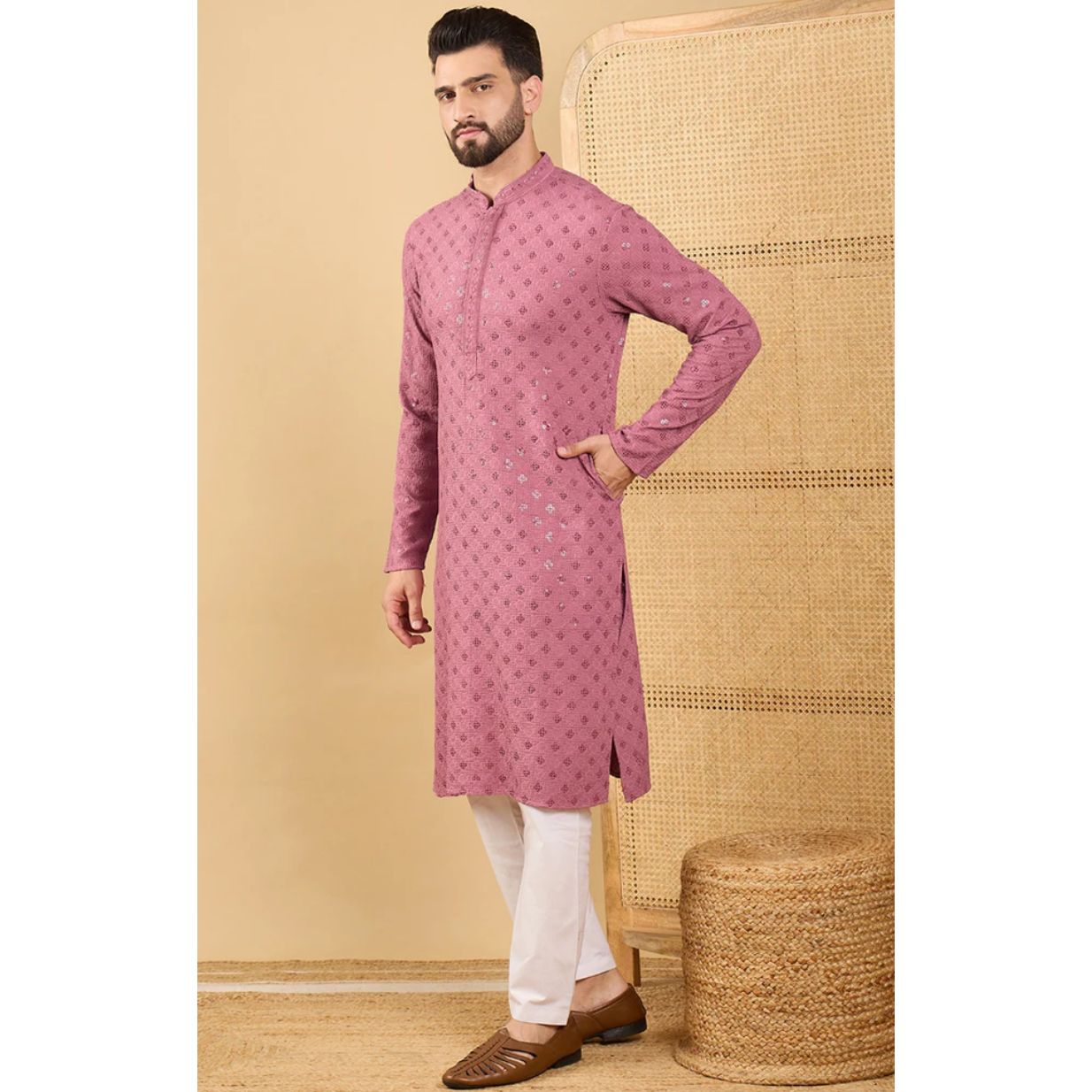 Mauve Viscose Rayon Solid Embroidered Straight Chikankari Kurta