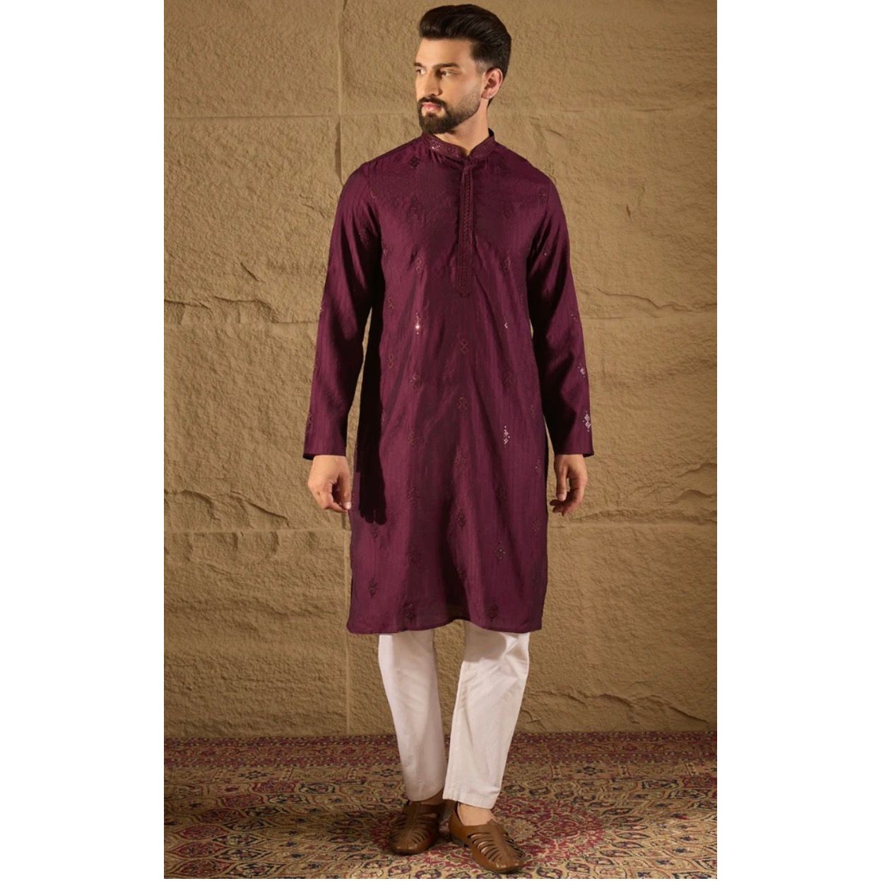 Purple Viscose Rayon Solid Embroidered Straight Kurta