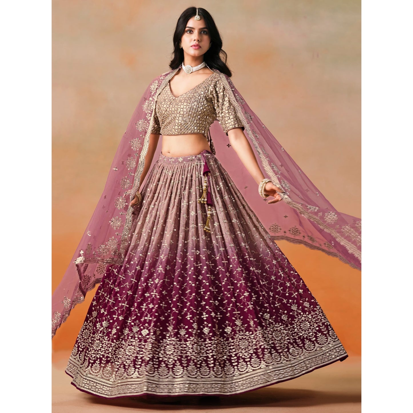 Georgette Lehenga Choli Set with Sequins & Zari Embroidery (Maroon) Pre Order